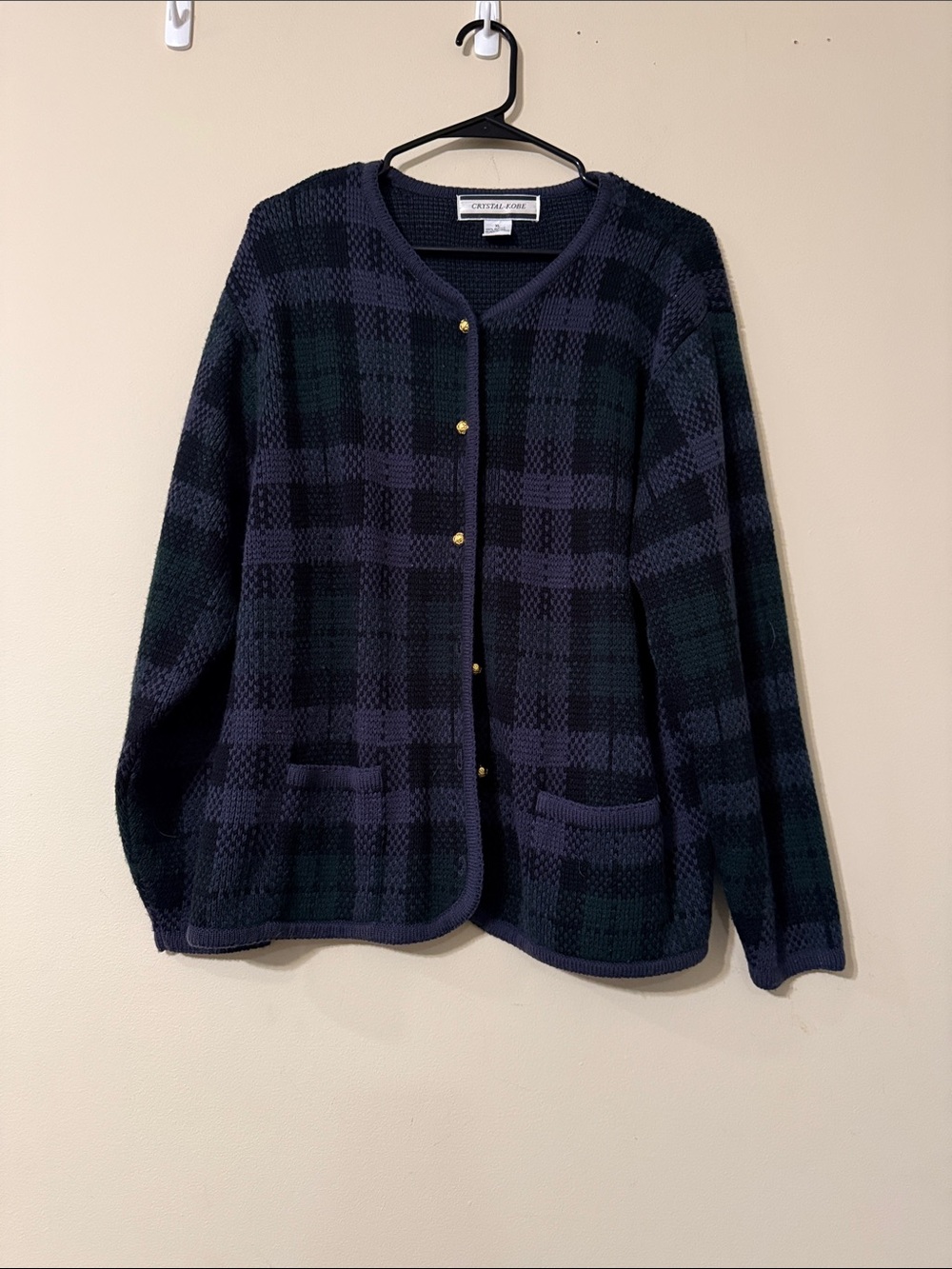 Vintage Crystal-Kobe Black, Grey, & Green Plaid Button-Front Cardigan